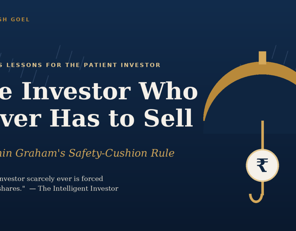 Hero banner with navy background and large white title: The Investor Who Never Has to Sell, gold decorative elements on the right, and a hanging coin motif.