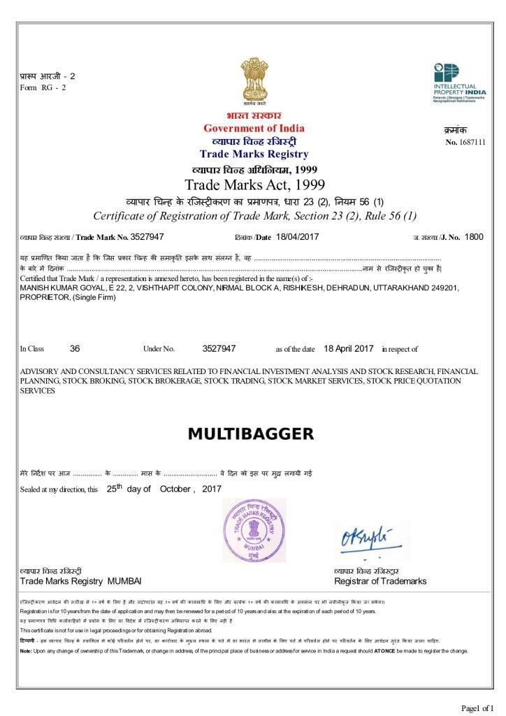Multibagger Registered Trademark Certificate, Government of India